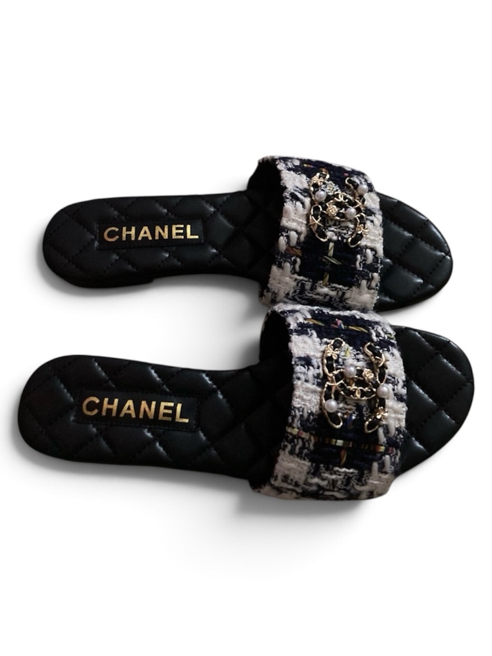 Chanel Black Quilted Tweed CC Pearl Embellished Slides 38 EU